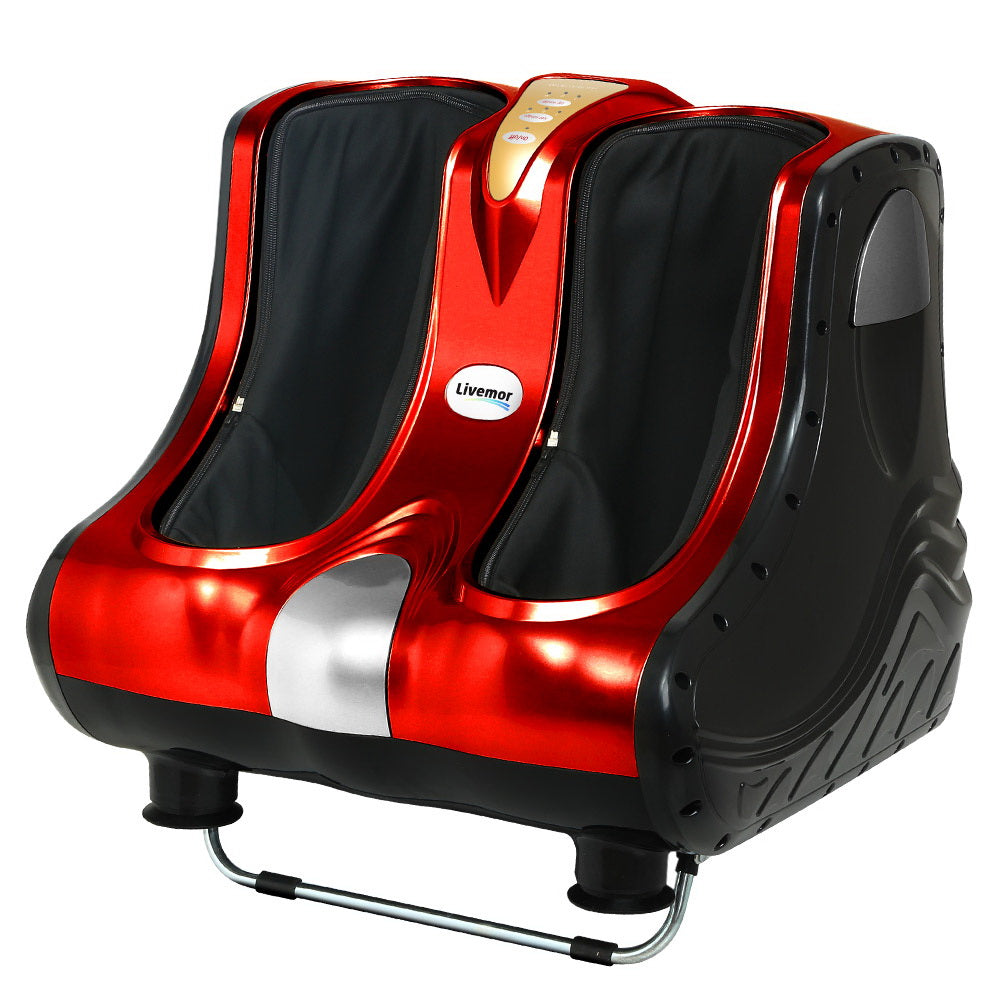 Livemor electric foot massager by Hlpmedical with shiatsu rollers for ankle, calf, and leg kneading in red.