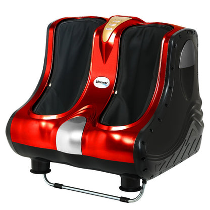 Livemor electric foot massager by Hlpmedical with shiatsu rollers for ankle, calf, and leg kneading in red.