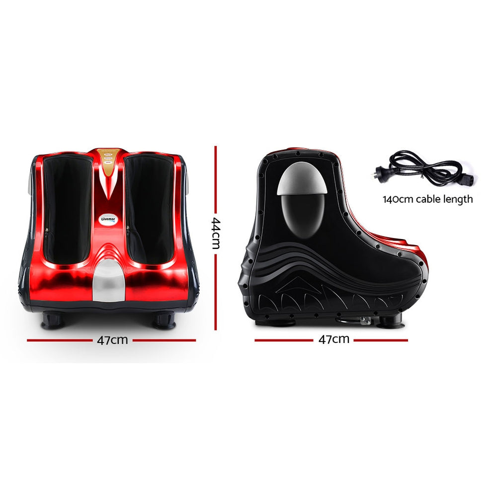 Livemor electric foot massager with shiatsu rollers for ankle, calf, and leg kneading in red, designed for relaxing massage therapy.