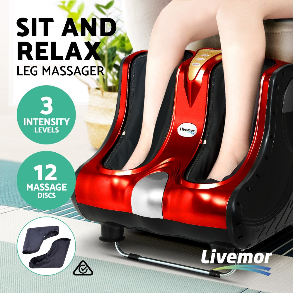 Livemor electric foot massager with shiatsu rollers for ankle, calf, and leg kneading in red, by Hlpmedical.