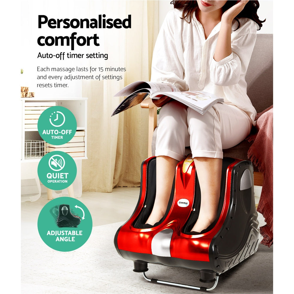 Livemor foot massager by Hlpmedical, electric shiatsu roller for ankle, calf, and leg kneading in red color.
