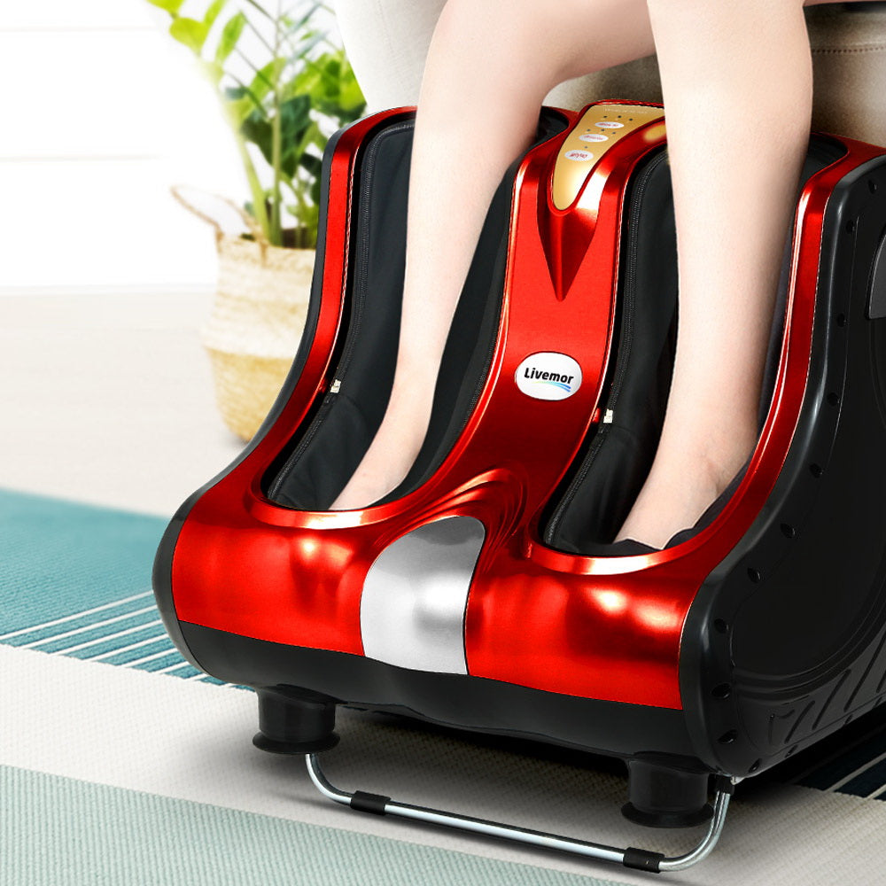 Livemor foot massager by Hlpmedical with shiatsu electric rollers for ankle, calf, and leg kneading in red.