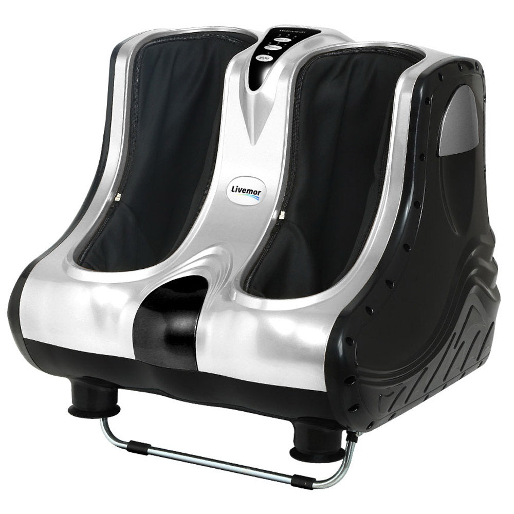 Livemor electric foot massager by Hlpmedical with shiatsu roller, calf and ankle kneading in silver for relaxing massage therapy.