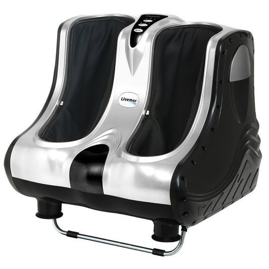 Livemor electric foot massager by Hlpmedical with shiatsu roller, calf and ankle kneading in silver for relaxing massage therapy.