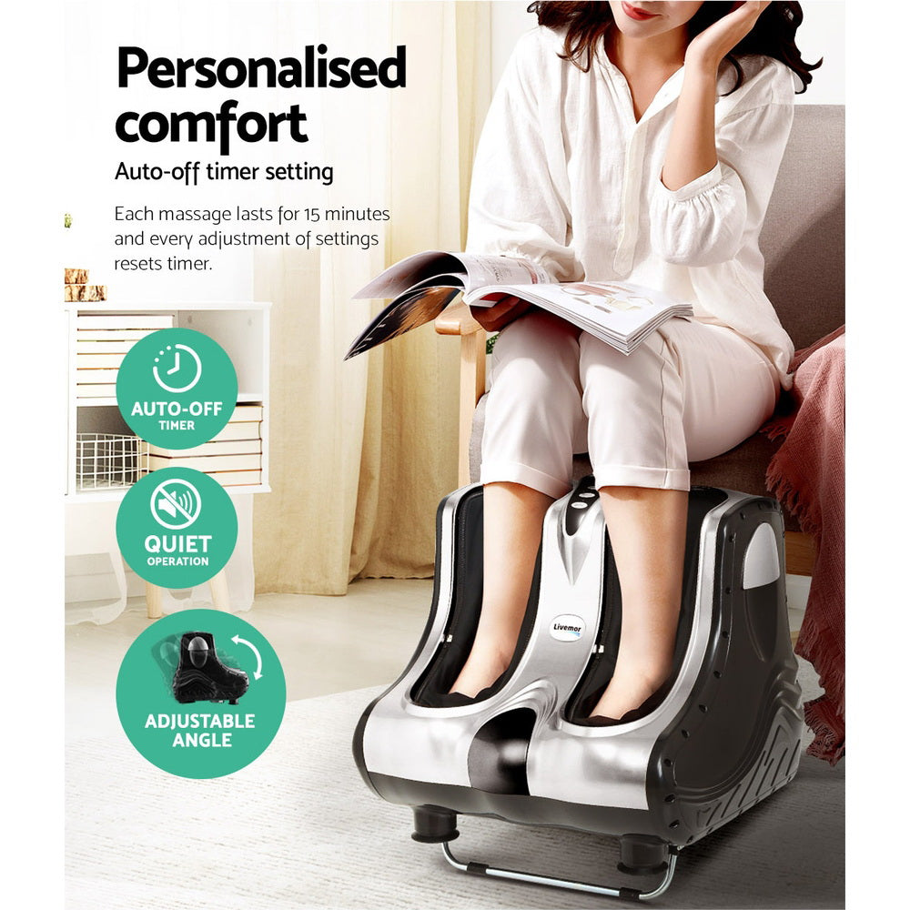 Silver Livemor foot massager from Hlpmedical featuring shiatsu electric rollers for ankle, calf, and leg kneading therapy.