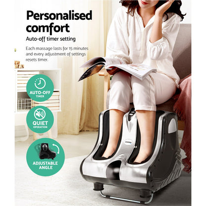 Silver Livemor foot massager from Hlpmedical featuring shiatsu electric rollers for ankle, calf, and leg kneading therapy.