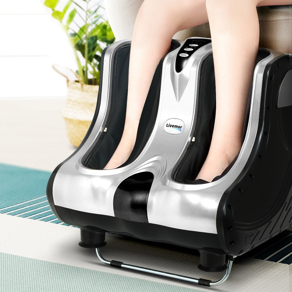 Hlpmedical Livemor foot massager with shiatsu electric rollers for ankle, calf, and leg kneading in silver color.