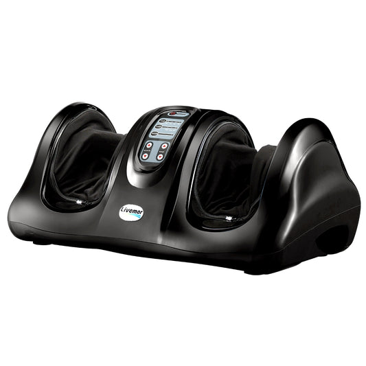 Hlpmedical Livemor electric foot massager with remote, shiatsu rollers, kneading function, black finish for relaxing foot therapy.