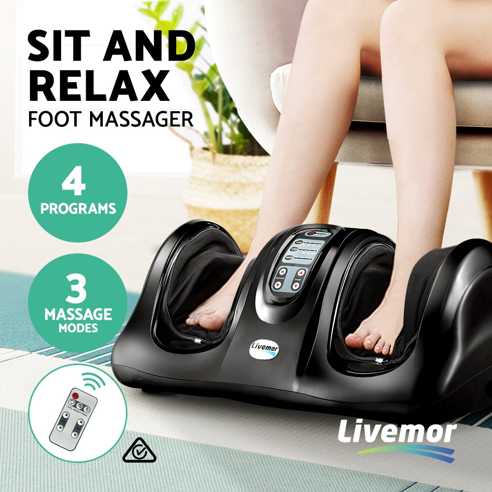 Livemor electric foot massager with shiatsu rollers, remote control, kneading function, black color for soothing foot relaxation.