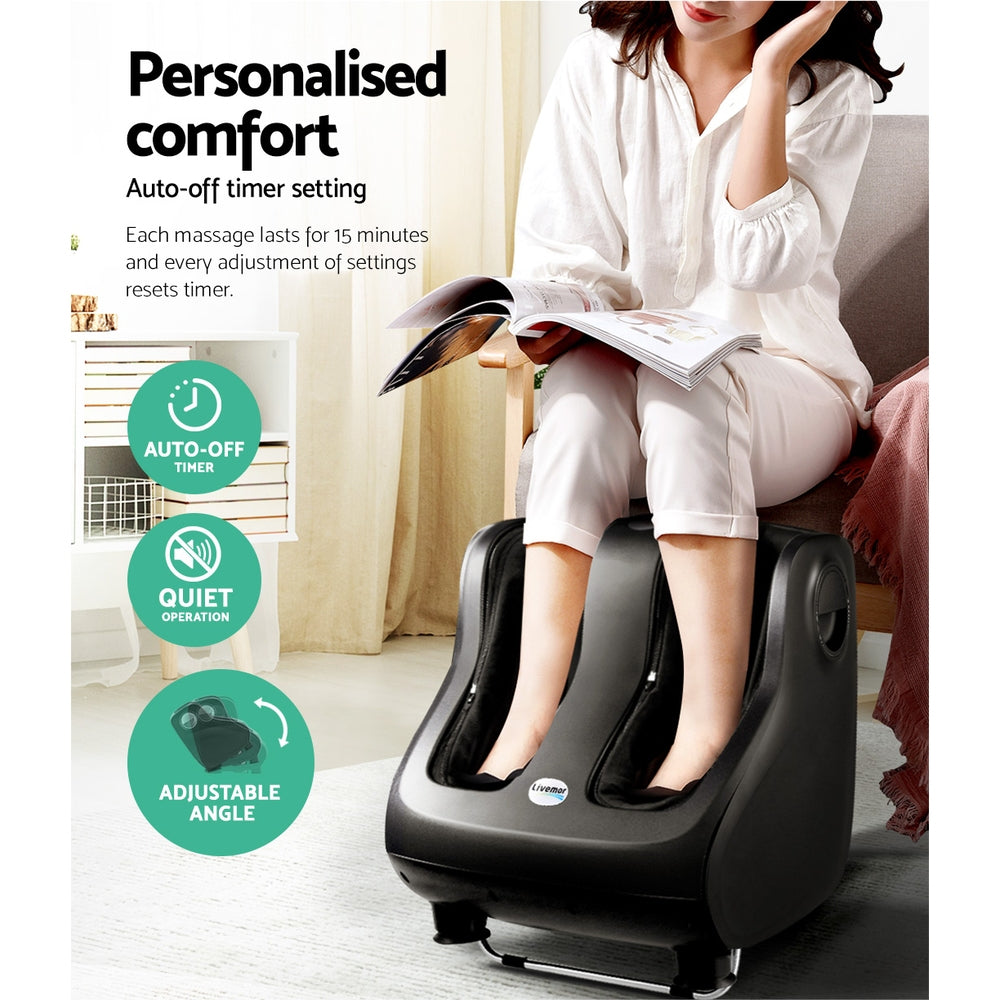 Livemor electric foot massager with shiatsu rollers for calf and leg kneading, black massage chair by Hlpmedical.