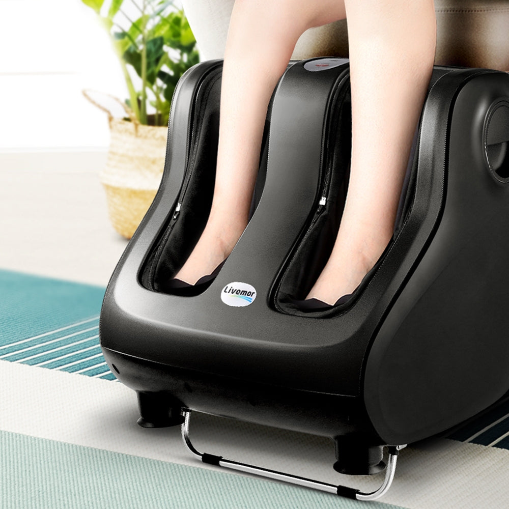 Livemor electric foot massager with shiatsu rollers, calf and leg kneading, black, for relaxing massage therapy.