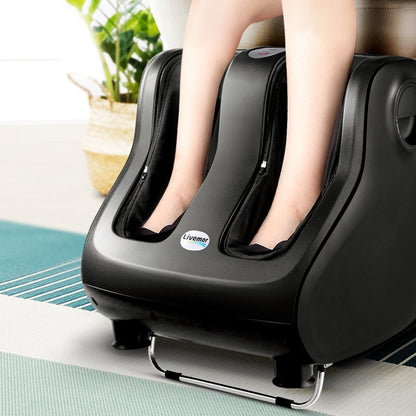 Livemor electric foot massager with shiatsu rollers, calf and leg kneading, black, for relaxing massage therapy.