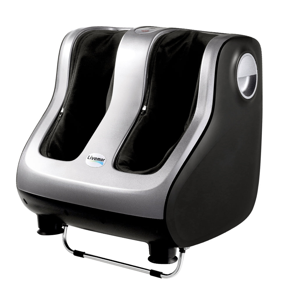 Silver Livemor foot massager with electric rollers, calf and leg kneading, shiatsu massage design for relaxation.