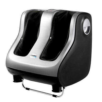 Silver Livemor foot massager with electric rollers, calf and leg kneading, shiatsu massage design for relaxation.