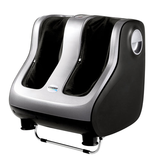 Silver Livemor foot massager with electric rollers, calf and leg kneading, shiatsu massage design for relaxation.