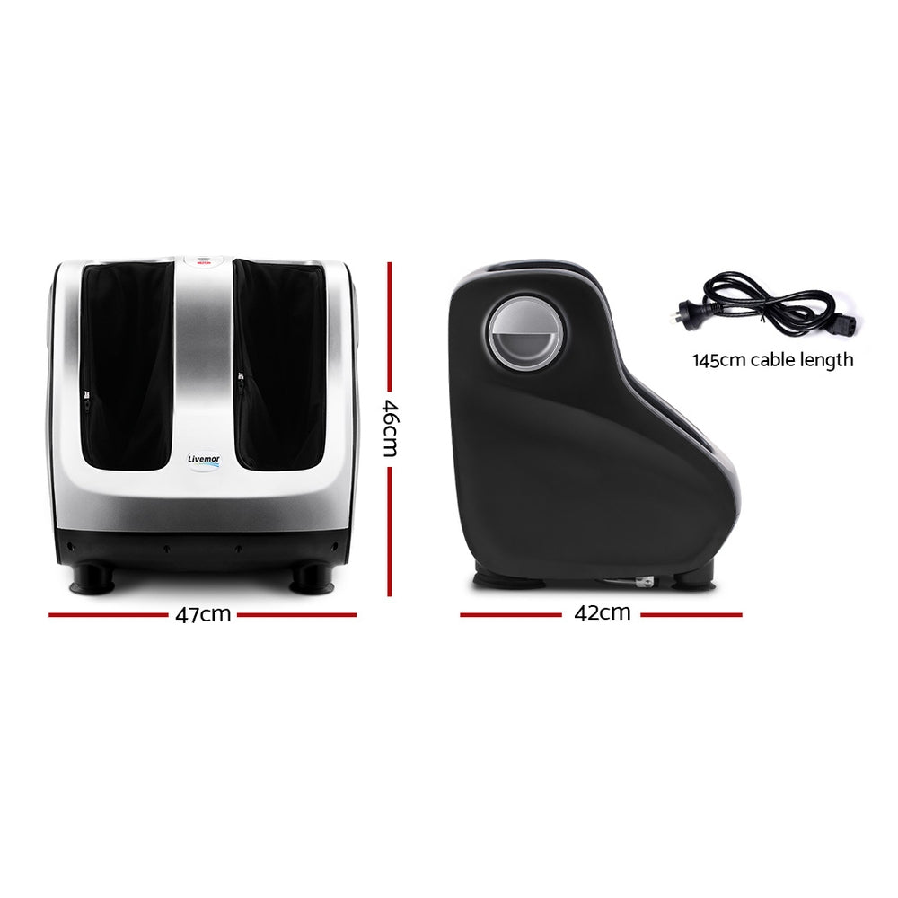 Silver Livemor Foot Massager by Hlpmedical with electric rollers, calf and leg kneading shiatsu massage for relaxation.