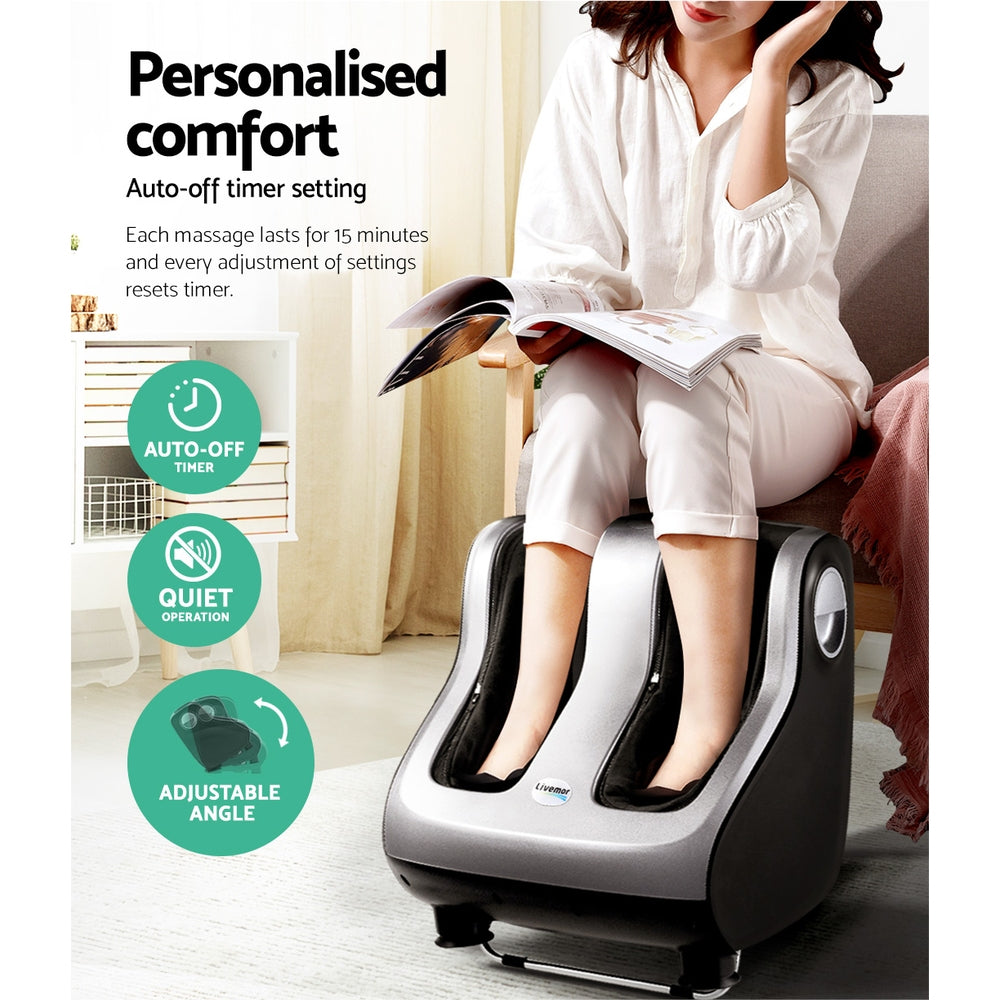 Livemor foot massager by Hlpmedical with electric rollers, calf and leg kneading, silver finish, designed for relaxing massage therapy.