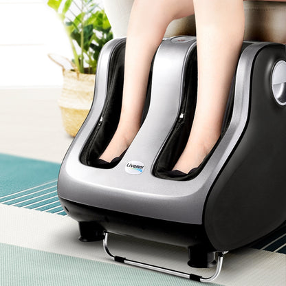 Hlpmedical Livemor foot massager with electric rollers, calf and leg kneading, silver finish, designed for relaxing shiatsu massage.
