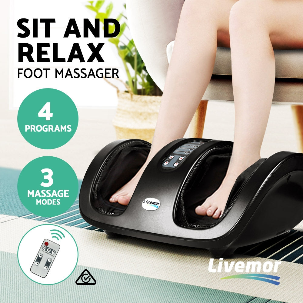 Livemor Foot Massager by Hlpmedical, electric Shiatsu roller kneading device for relaxing leg and foot massage in black.