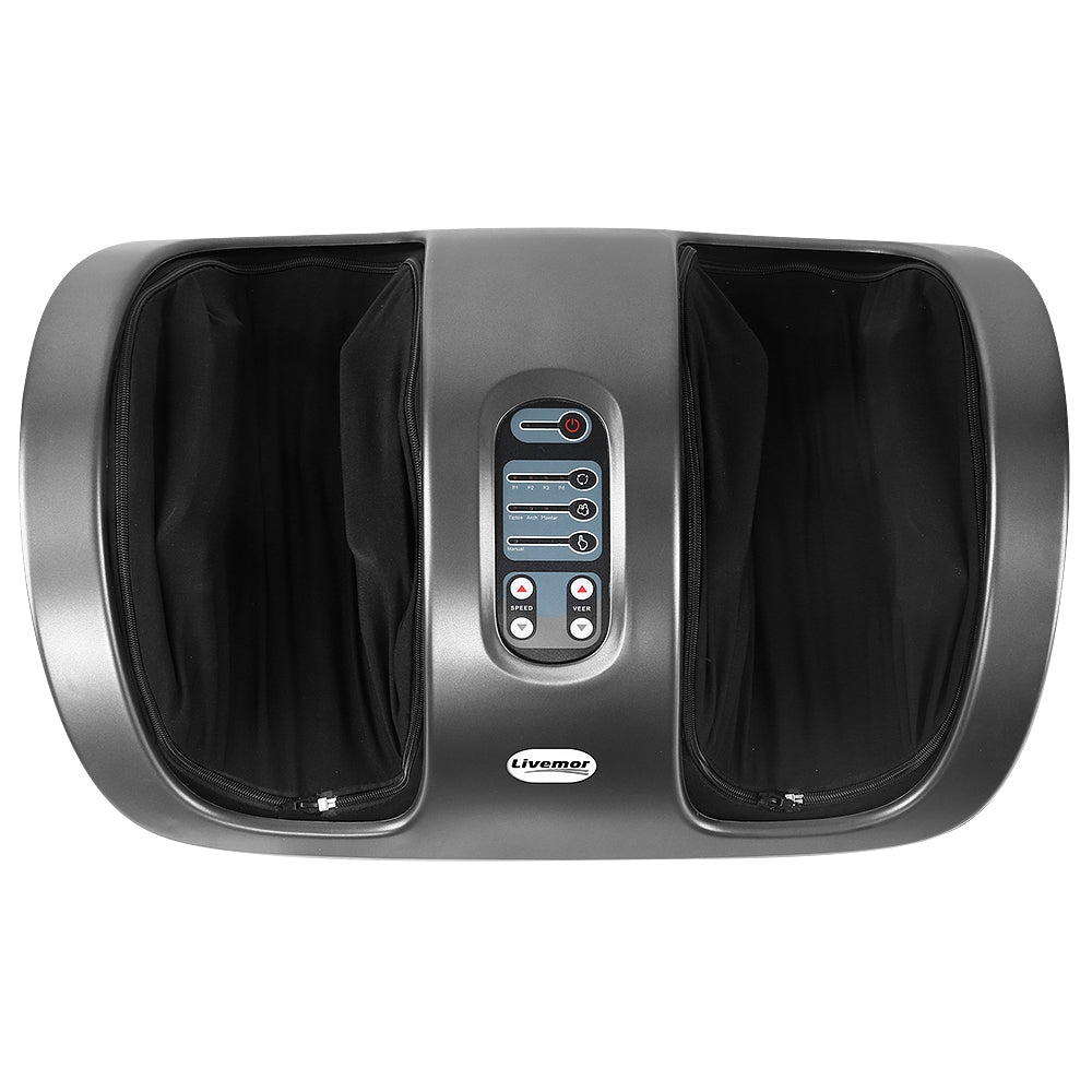 Livemor electric foot massager with shiatsu rollers and kneading function, in grey, designed for relaxing foot and leg massage.