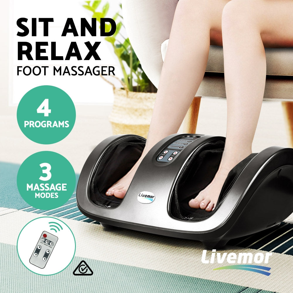 Livemor Foot Massager by Hlpmedical featuring Shiatsu rollers and kneading therapy for relaxing foot and leg massage in grey.