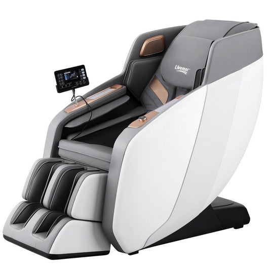 Hlpmedical Livemor massage chair in white with electric recliner and double core mechanism for relaxing massage.