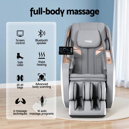 Livemor electric massage chair with white upholstery, double core mechanism, and recliner function for relaxing massage therapy.