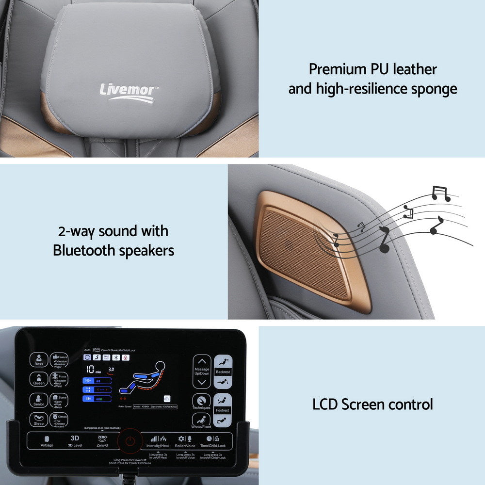 Livemor electric massage chair by Hlpmedical, white recliner with double core mechanism for full-body relaxation.