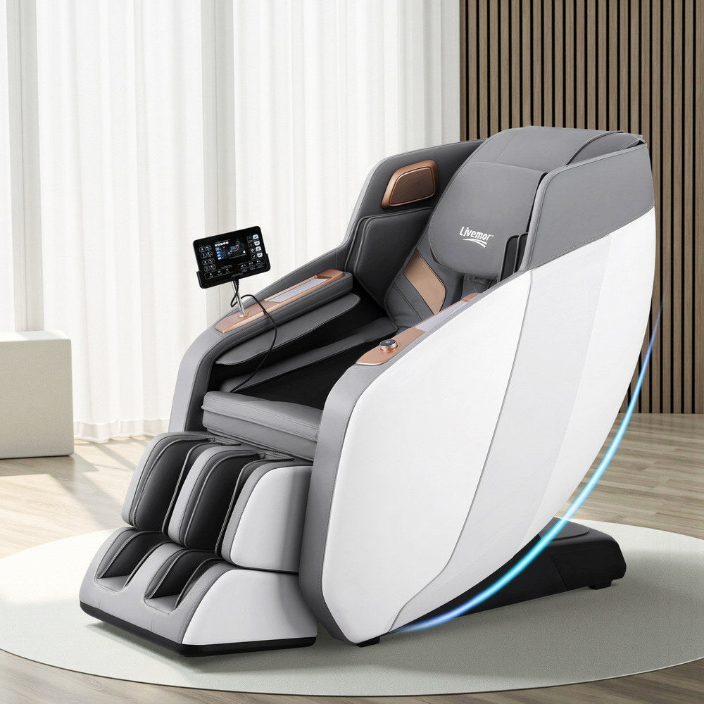 Livemor electric massage chair with white upholstery, double core mechanism, and ergonomic recliner design for relaxation and comfort.