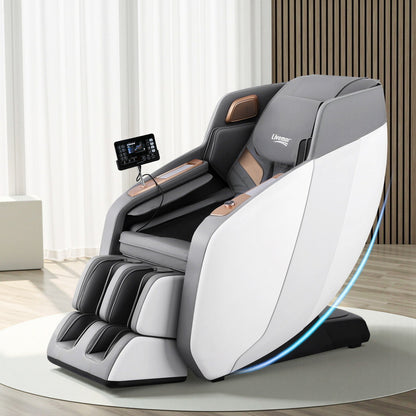 Livemor electric massage chair with white upholstery, double core mechanism, and ergonomic recliner design for relaxation and comfort.