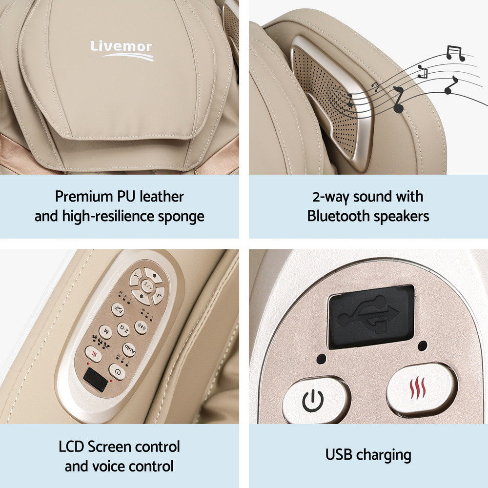 Livemor Electric Massage Chair by Hlpmedical with recliner and 3D OLIN massage technology, showcasing padded upholstery and control panel.