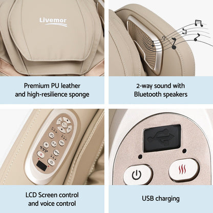 Livemor Electric Massage Chair by Hlpmedical with recliner and 3D OLIN massage technology, showcasing padded upholstery and control panel.