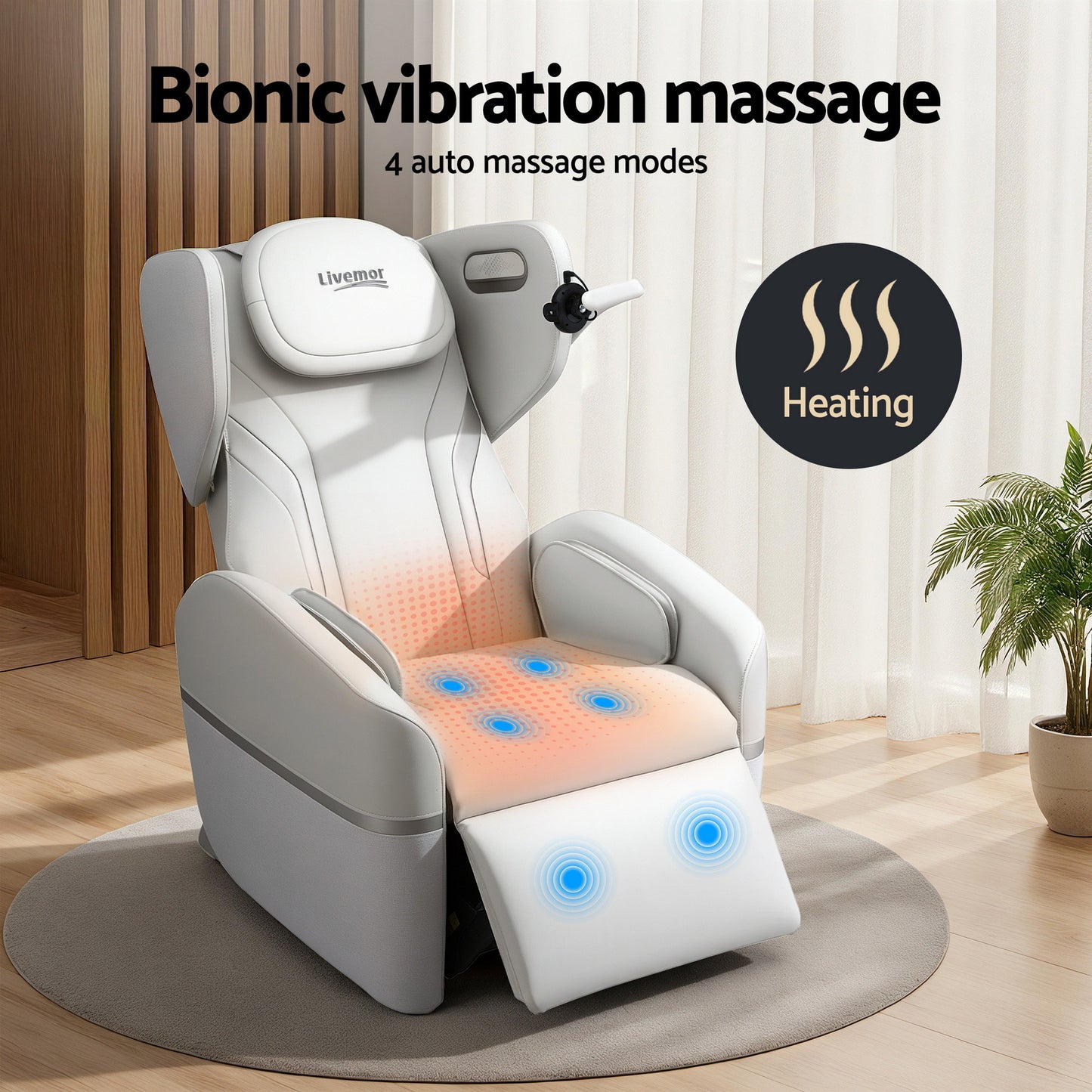 Livemor electric massage chair by Hlpmedical, featuring a recliner design with vibration therapy, in a modern furniture setting.