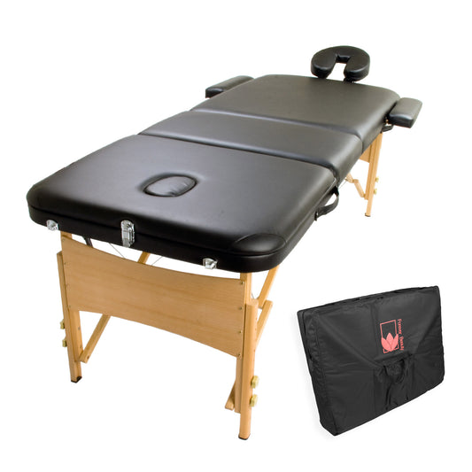 Black wooden portable massage table bed, 3-fold design, 70cm wide, from Hlpmedical, ideal for massage therapy and relaxation.