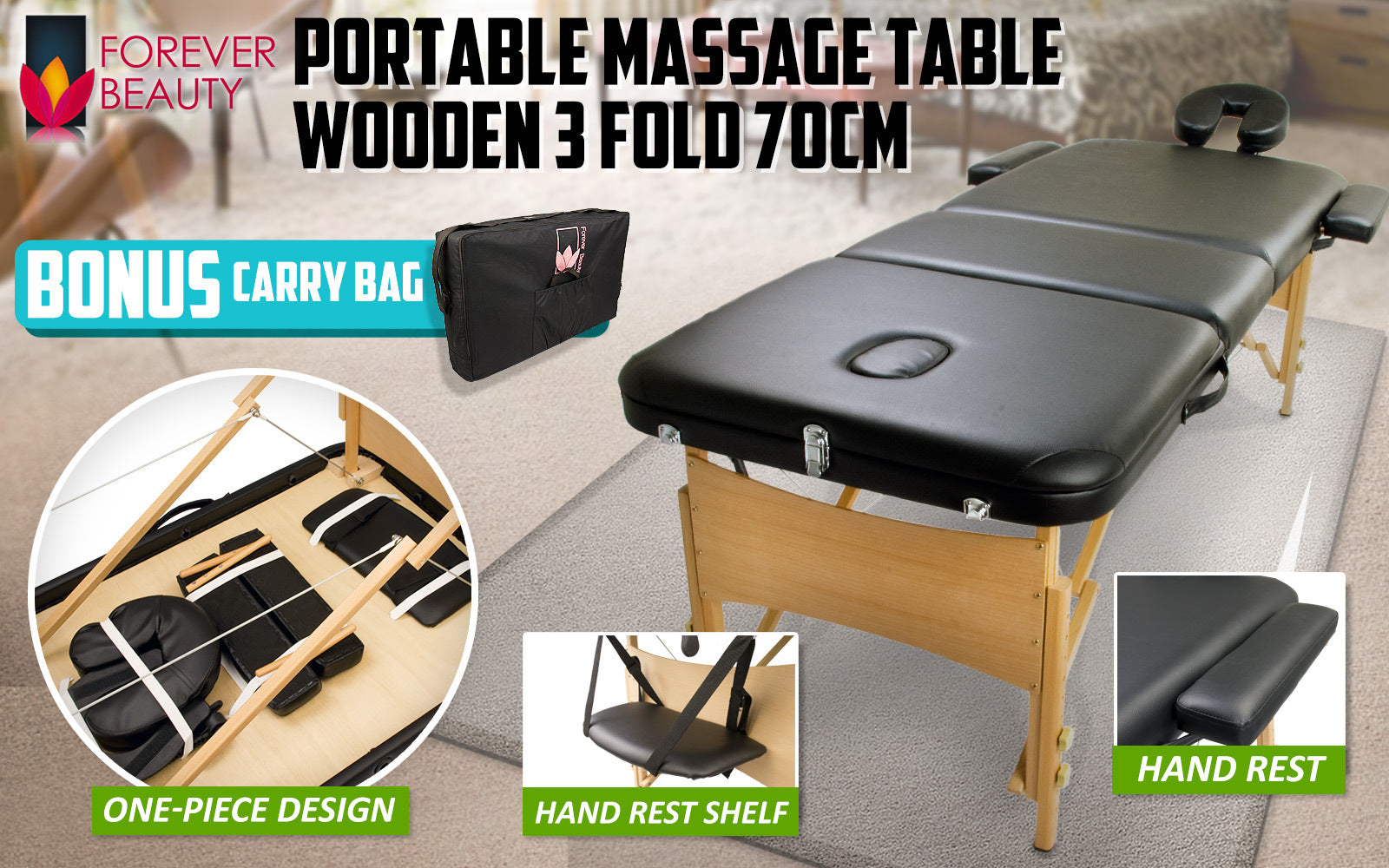 Black wooden portable massage table bed, 3-fold design, 70cm wide, suitable for massage therapy and relaxation.