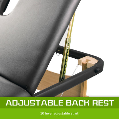 Black wooden portable massage table bed with 3-fold design, 70cm width, suitable for massage therapy and relaxation.
