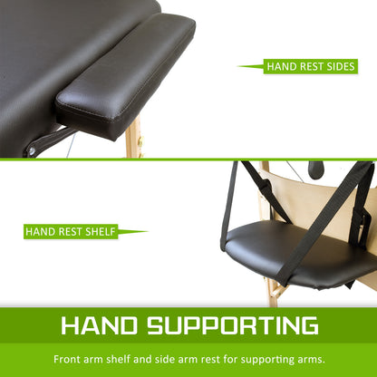 Black wooden portable massage table with 3-fold design, 70cm width, ideal for relaxation and professional massage therapy.