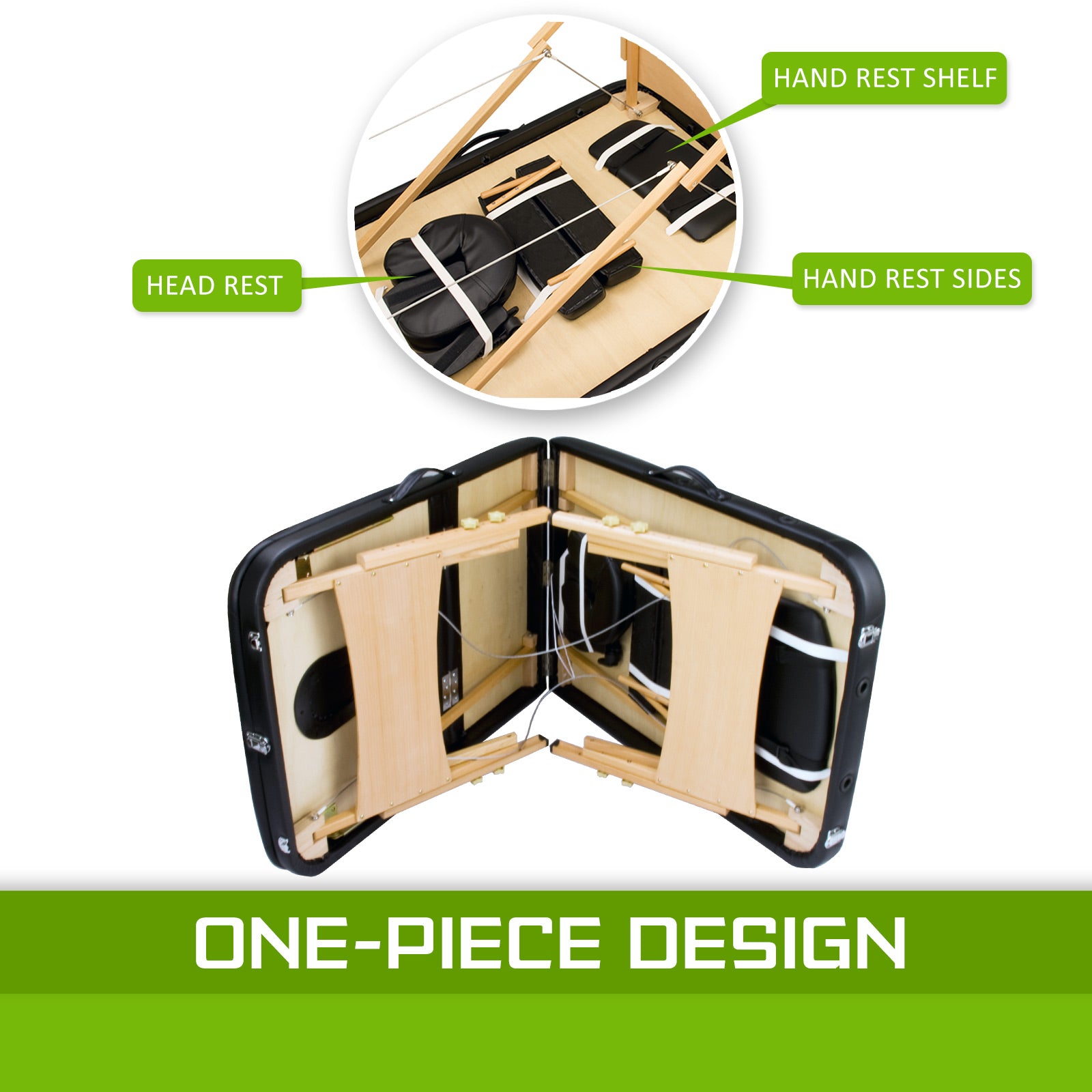 Black wooden portable massage table bed, 3-fold design, 70cm width, ideal for massage therapy by Hlpmedical.