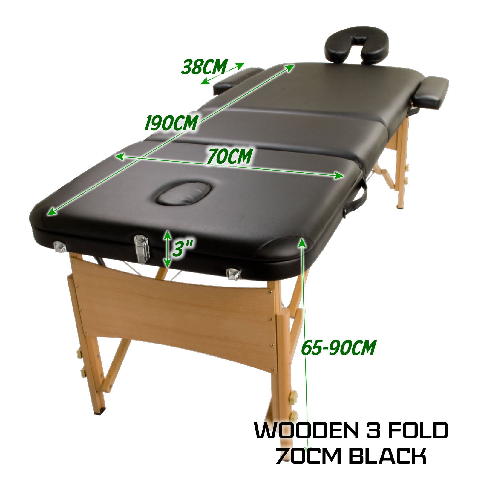 Black wooden portable massage table bed, 3-fold design, 70cm wide, suitable for massage therapy and relaxation.