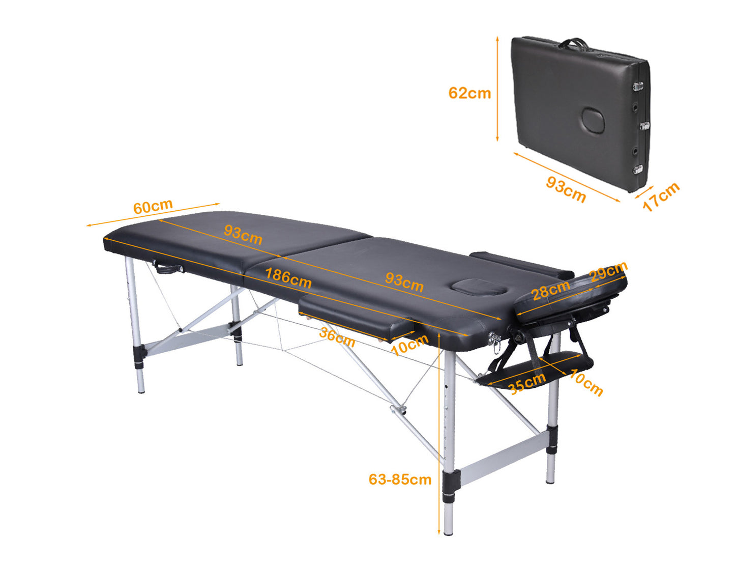 YES4HOMES 2-fold portable aluminium massage bed in black, designed for beauty therapy and massage treatments.