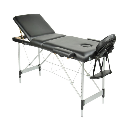 Black YES4HOMES 3-fold portable aluminum massage table with adjustable height, suitable for beauty therapy and massage sessions.
