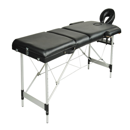 Black 3-fold portable aluminium massage table by YES4HOMES, designed for beauty therapy and professional massage treatments.