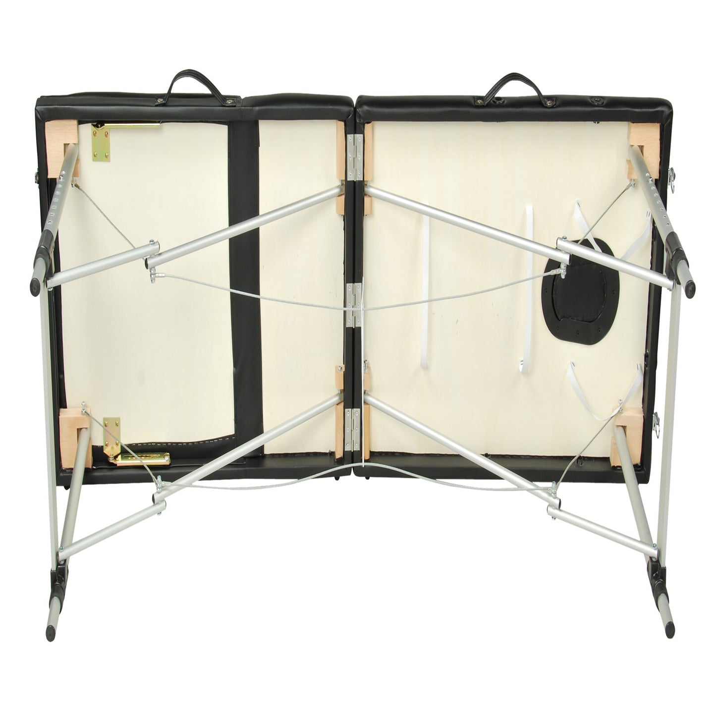 Black 3-fold portable aluminium massage table by YES4HOMES, used for beauty therapy and massage treatments.