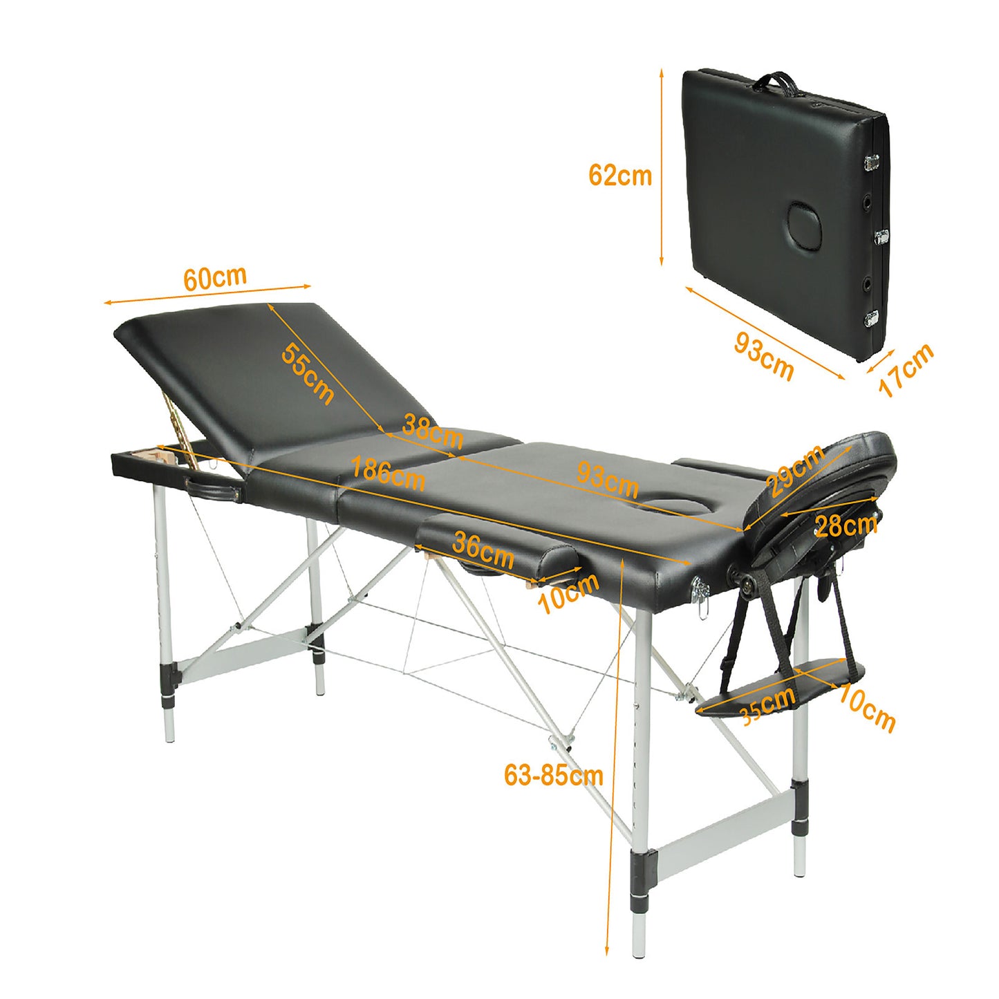 YES4HOMES black 3-fold portable aluminium massage table with padded surface, designed for beauty therapy and massage treatments.