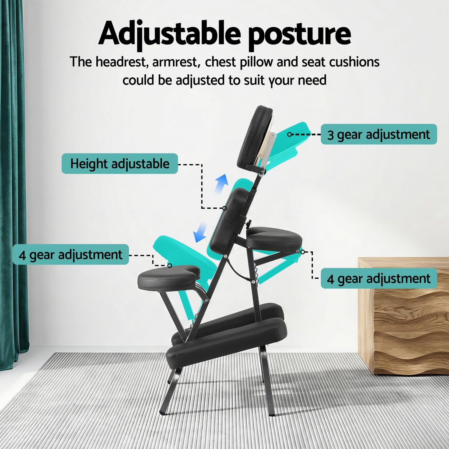Hlpmedical Zenses portable massage chair in black, lightweight folding design, suitable for tattoo, lash, and beauty treatments.