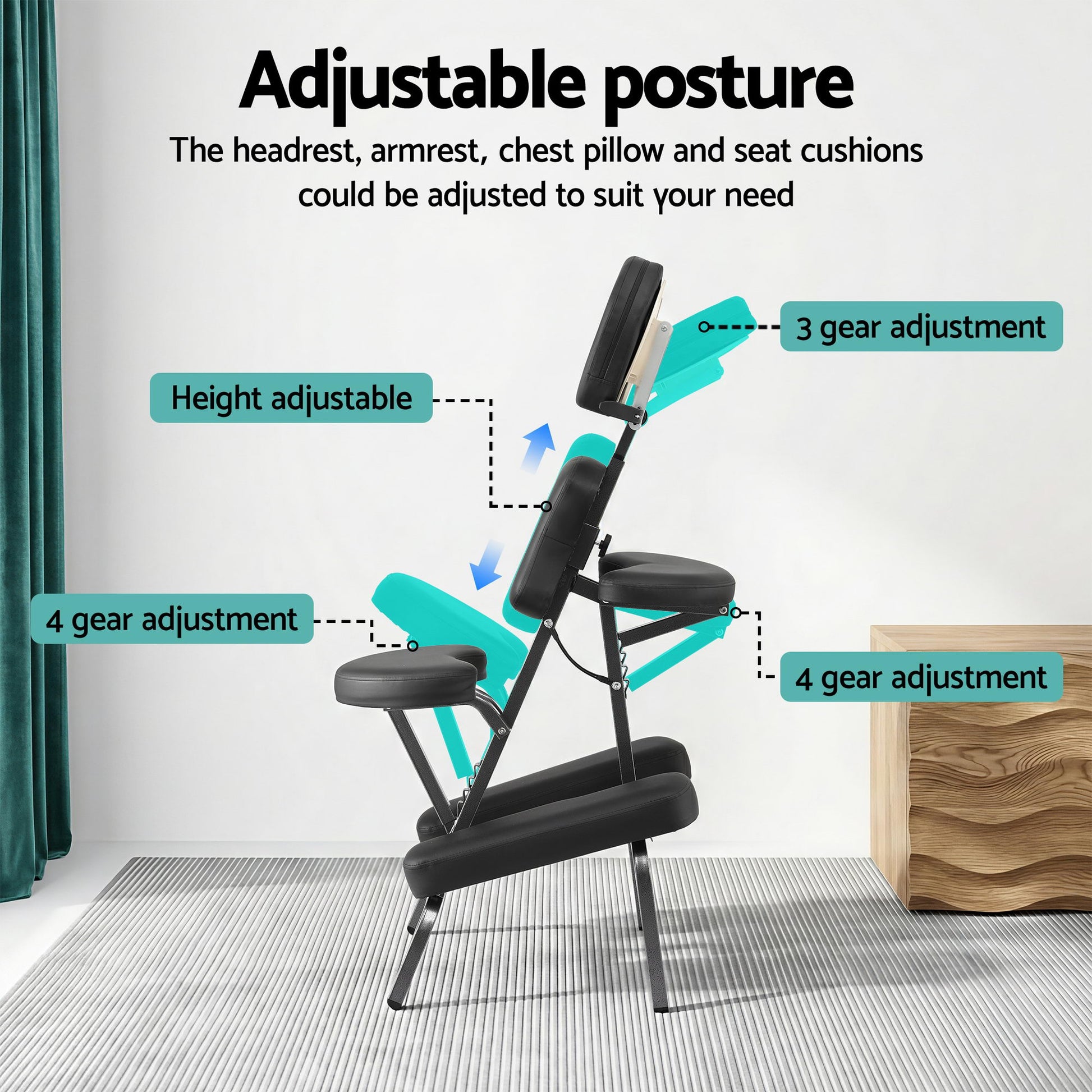 Hlpmedical Zenses portable massage chair in black, lightweight folding design, suitable for tattoo, lash, and beauty treatments.
