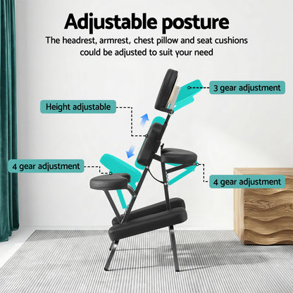 Hlpmedical Zenses portable massage chair in black, lightweight folding design, suitable for tattoo, lash, and beauty treatments.
