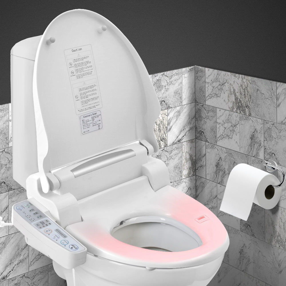 Hlpmedical Cefito electric bidet toilet seat cover with control panel, auto wash, water and dry functions, in bathroom setting.