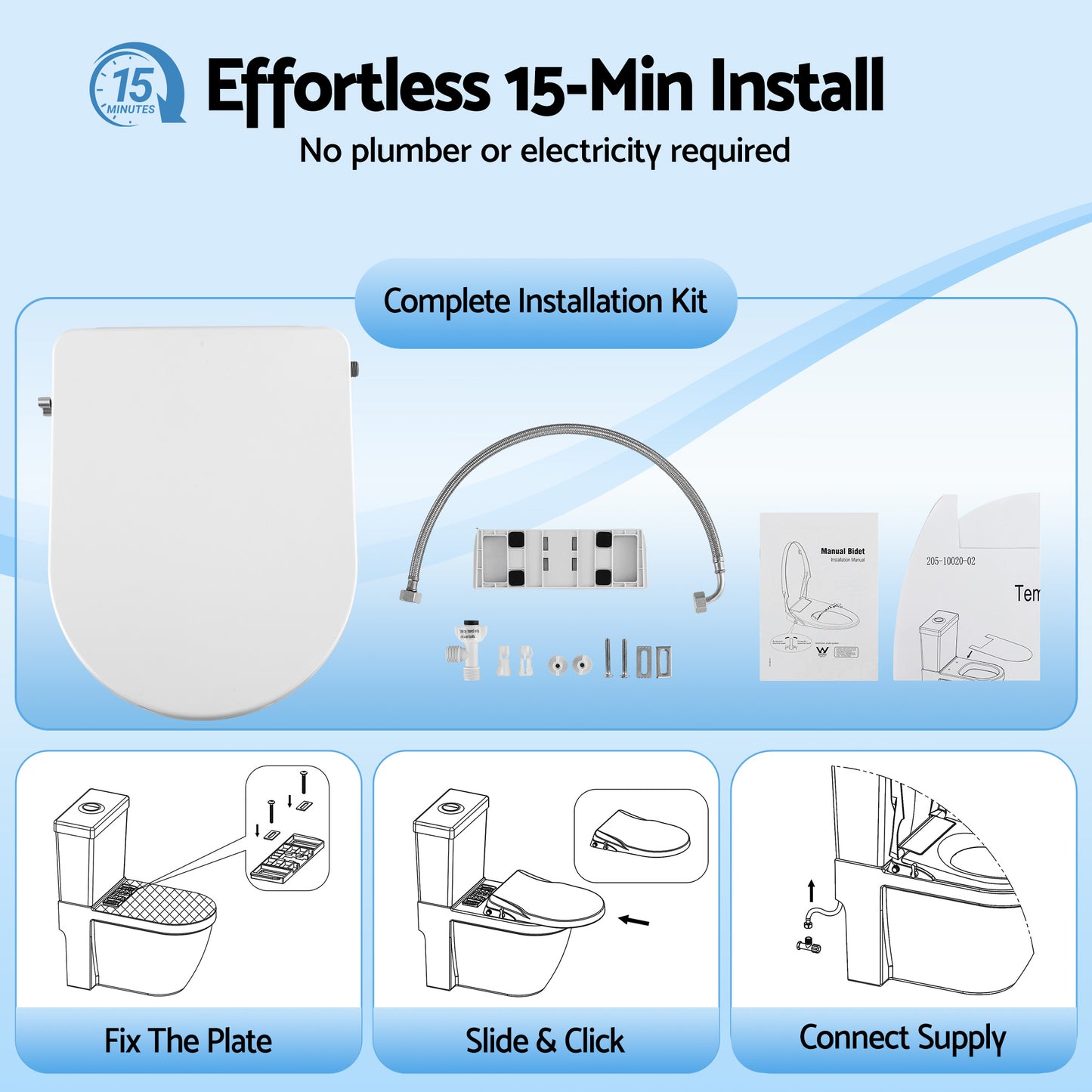 Hlpmedical Cefito non-electric bidet toilet seat in D-shape with dual nozzles and soft-close lid, watermarked design, DIY installation.