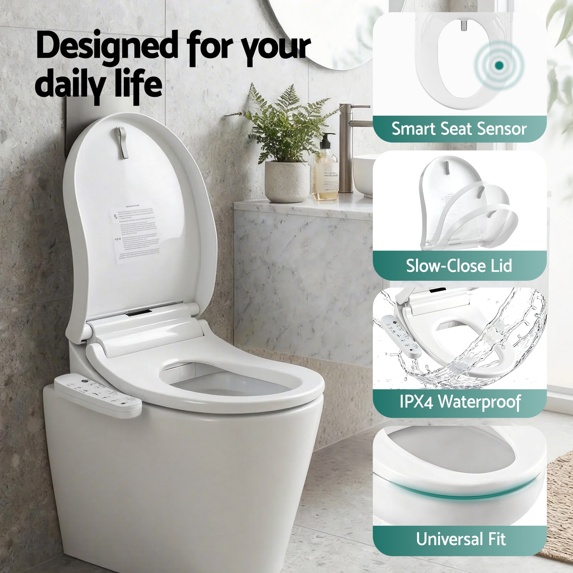 Hlpmedical Cefito Smart electric bidet toilet seat cover in D-shape, with SIAA certified antibacterial material, installed on a bathroom toilet.